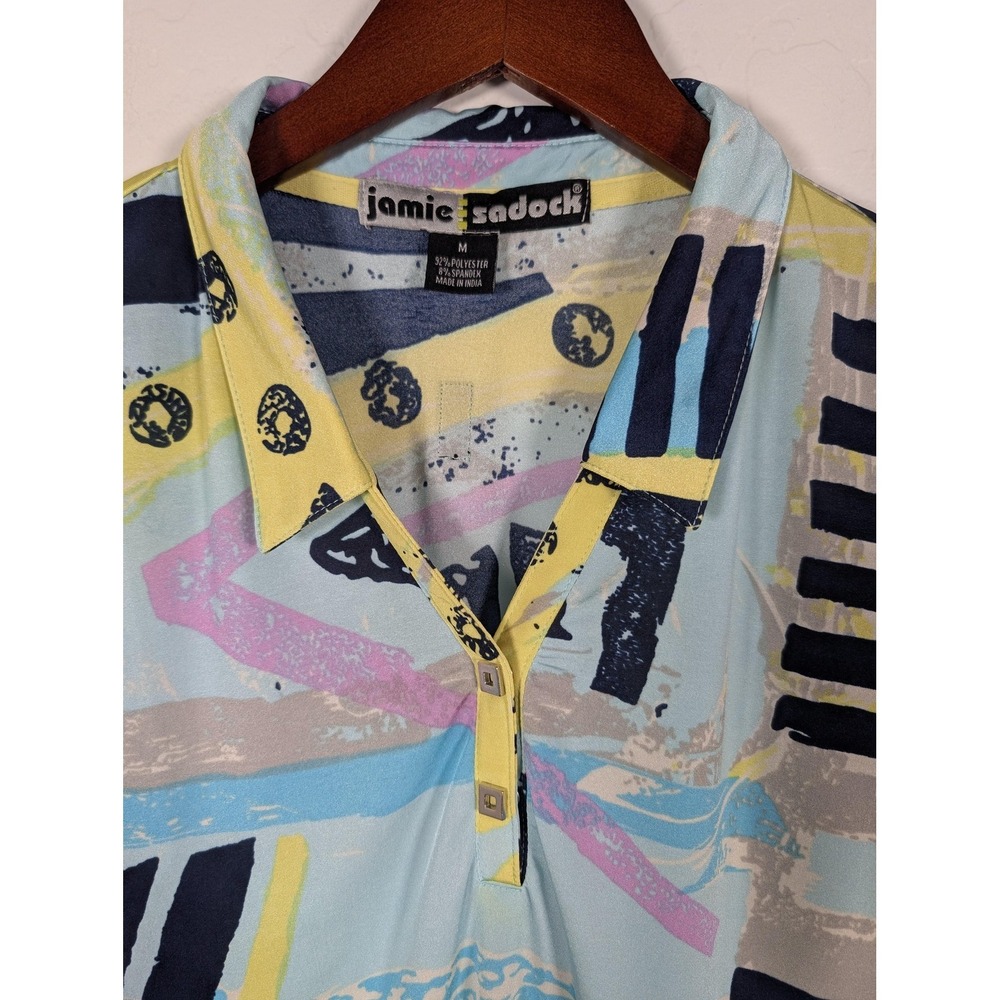 Jamie Sadock Polo Shirt Womens Medium Blue Yellow Abstract Golf Short Sleeve Top - Picture 3 of 11